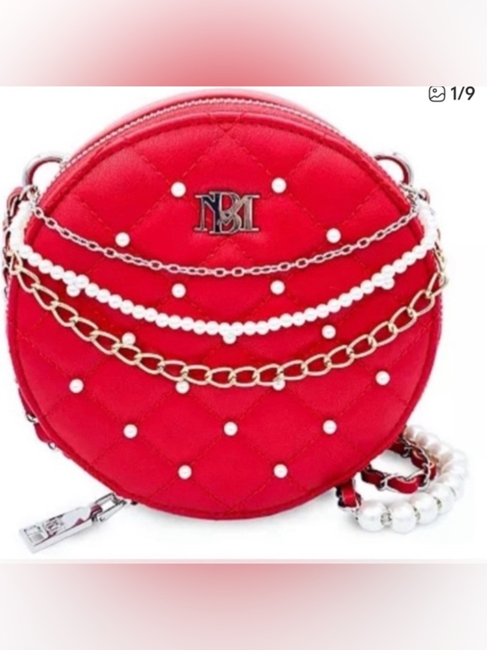 Badgley Mischka NWT Red Quilted Mini Round Bag with Pearls! Fabulous!!